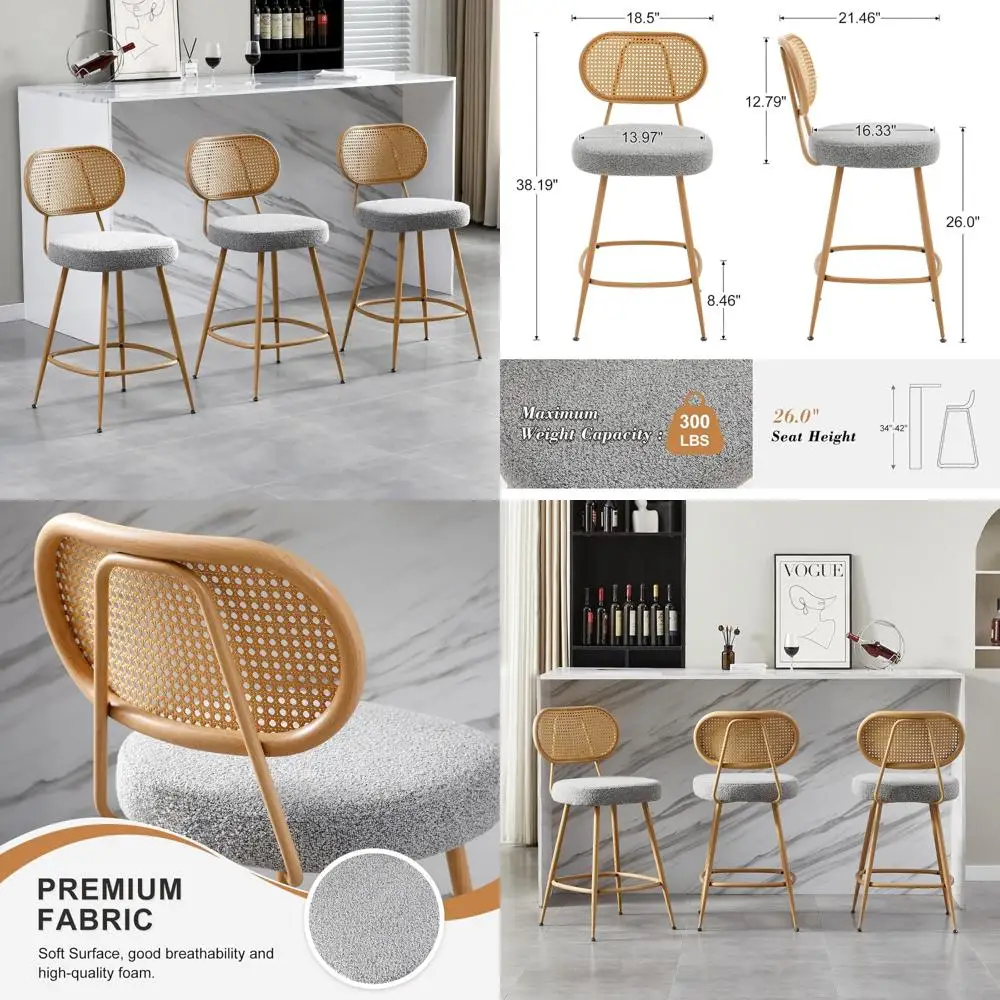 

Set of 3, 26 Inch Rattan Counter Height Barstools with Wooden and Metal Legs, Modern Armless Sherpa Pub Chairs featuring Adjusta