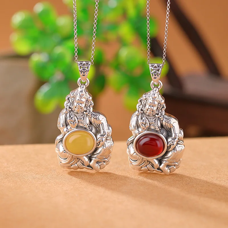 

S999 Silver Blood Amber Yellow God Of Wealth Six-Word Mantra Style Hanging Pendant