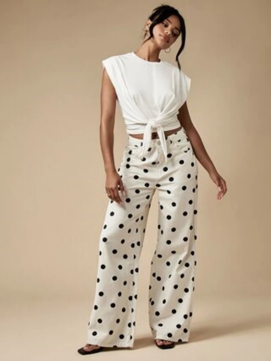 미국 스타일 레트로 물방울 무늬 프린트 와이드 레그 데님 팬츠 여성용, 2025 루즈 스트레이트 캐주얼 바지