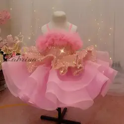 Pink Ball Gown Flower Girl Dresses for Wedding Tiered Ruched Sequins Kids Birthday Gowns Long Train Ruffles Little Girls Dresses