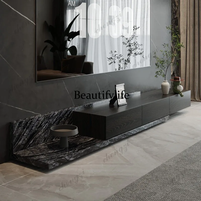 

Natural luxury stone TV cabinet Floor-to-ceiling Italian light luxury telescopic locker Solid wood marble living room