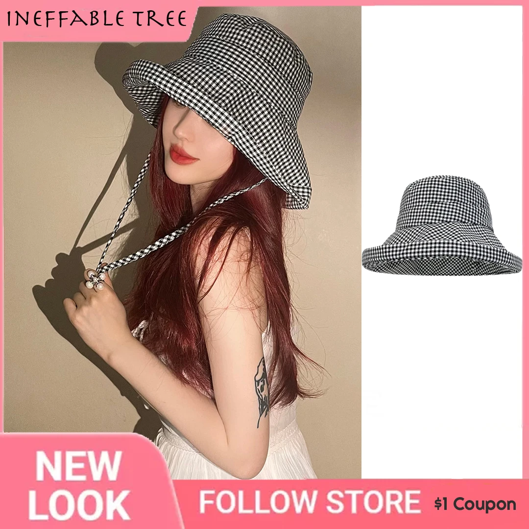 

Wide Brim Sun Bucket Hat for Women Designer Spring Summer Unisex Black White Plaid Sunshade Houndstooth Fisherman Basin Gorras