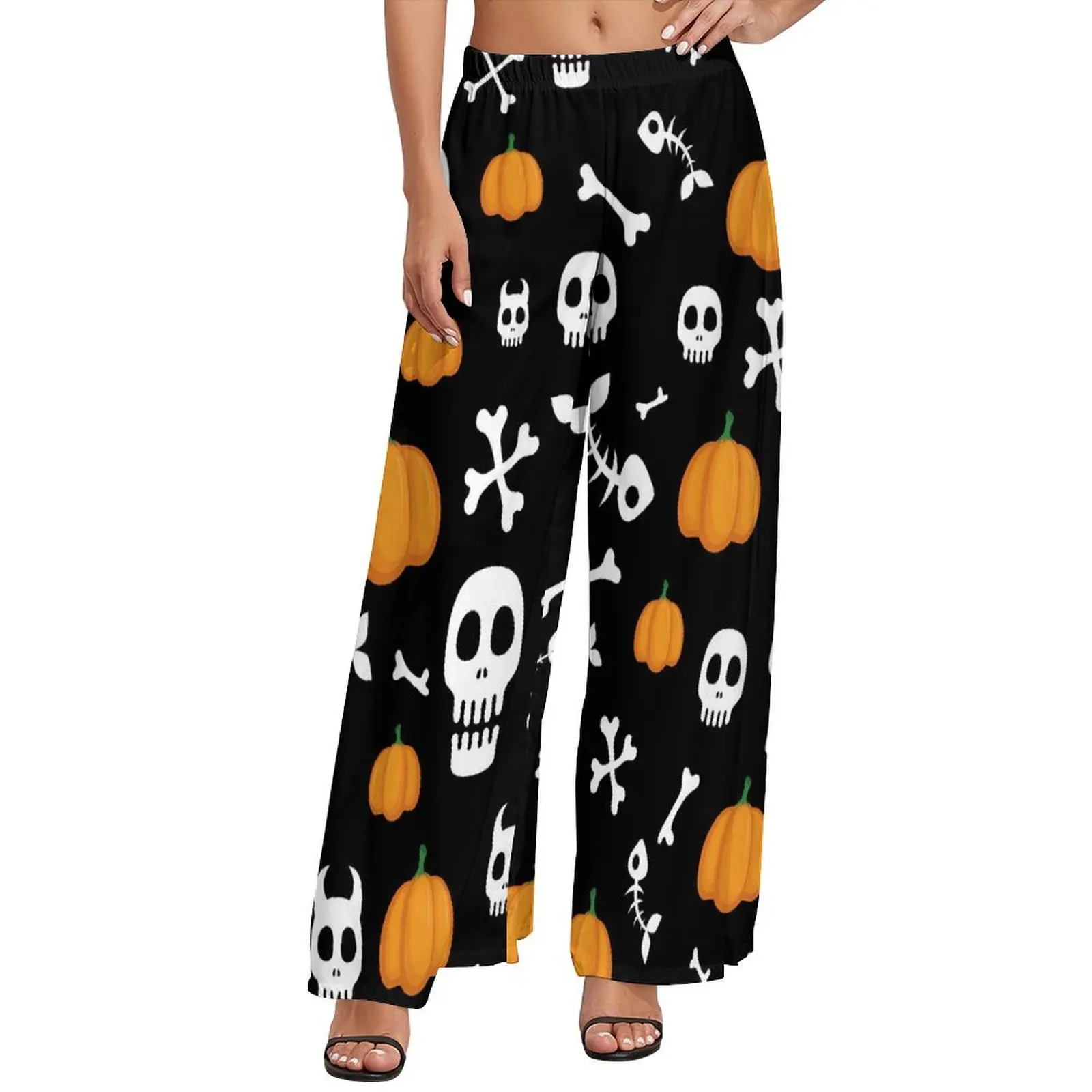 

Happy Haunts Straight Pants Skulls Bones And Pumpkins Casual Wide Pants Womens Oversize Korean Fashion Design Trousers