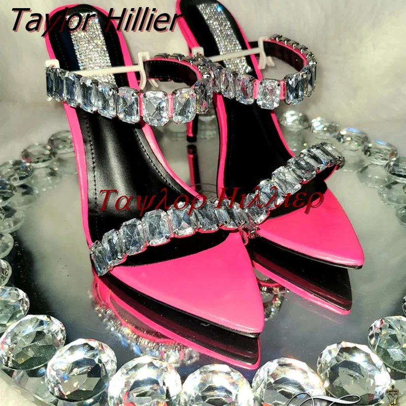 Sexy Pointed Crystal High Heels Open Toe Rose Red Rhinestone Slippers Women Fashion Casual Party Slippers Large Gladiator 47