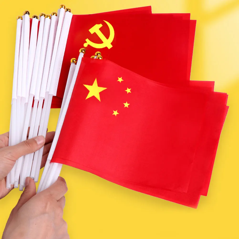 

50 Pcs China Flags 14x21cm Small Handheld Red National Flags Pole Polyester Material for Parties Festivals Decorations Outdoor