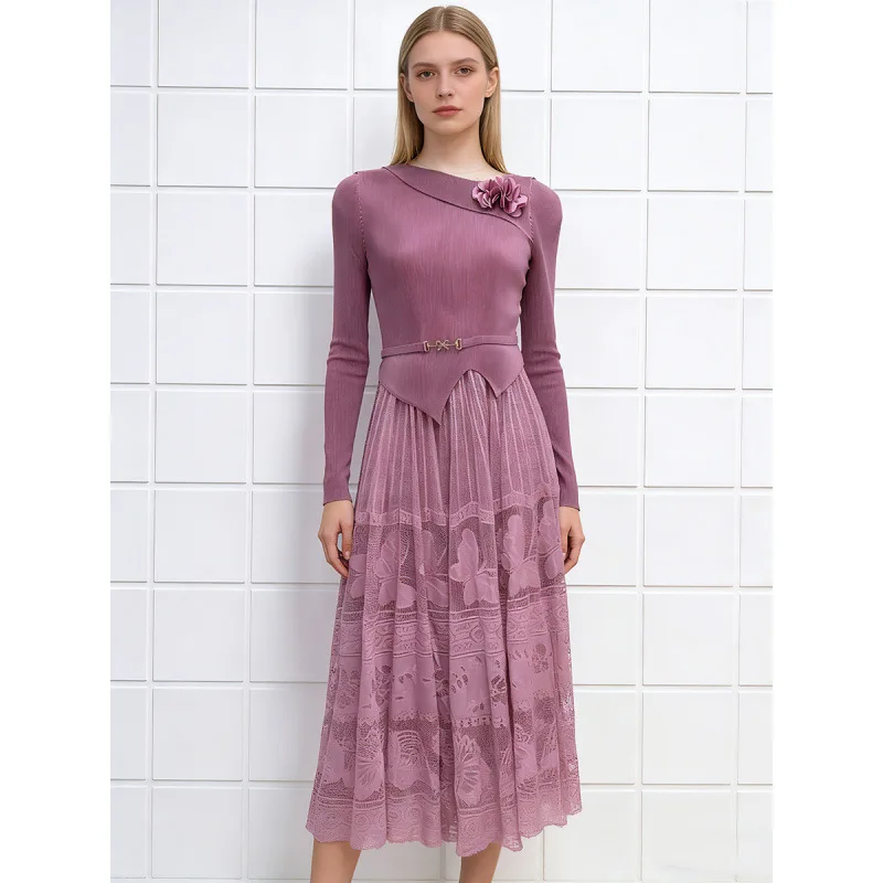 Miyake vestido plissado 2026 europa novo design de renda floral tamanho grande estiramento francês manga longa escritório commuter dersses roupas