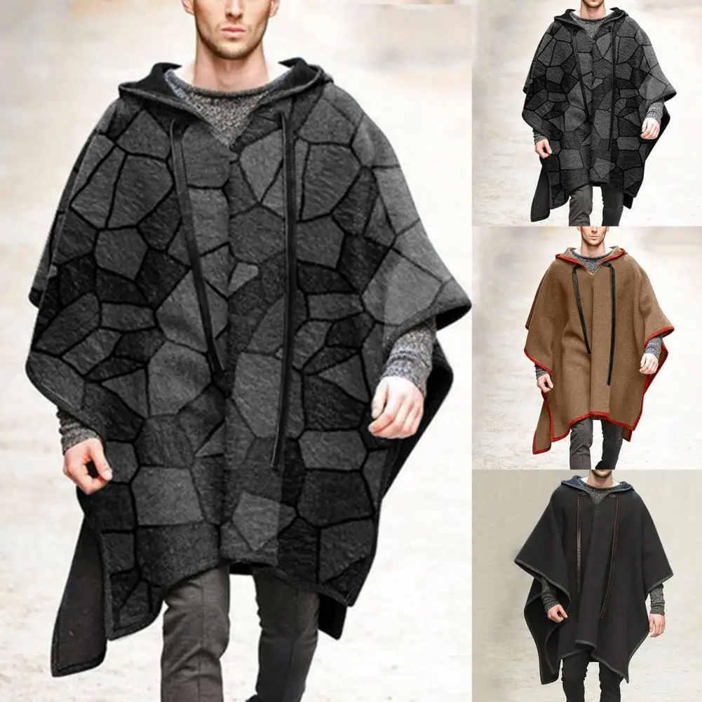 Cool Long Coat Cape Coat Men Coat Extra Loose Geometric Pattern Drawstring Shawl Coat  Patchwork