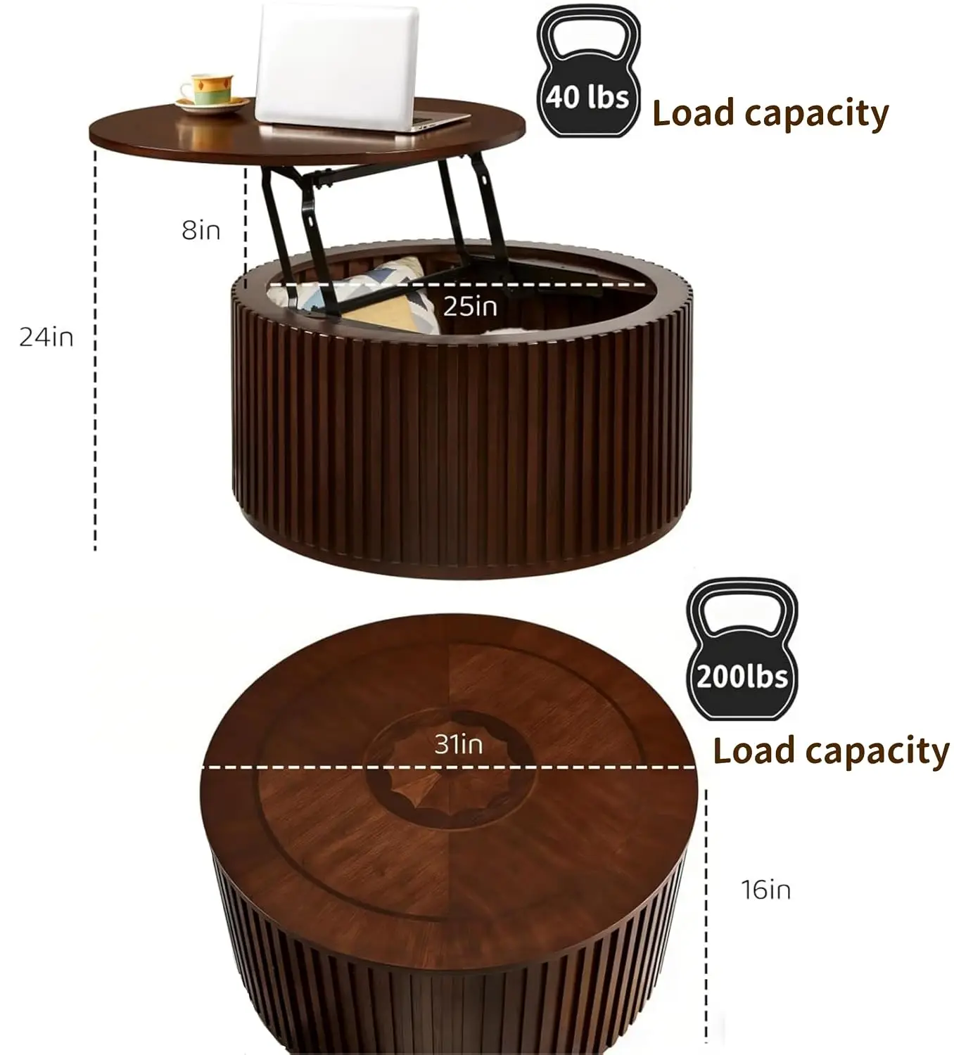 Lift Top Round Coffee Table Storage Hidden Compartment, Wood Circle Table No Assembly, Drum Table Living Room, Customized