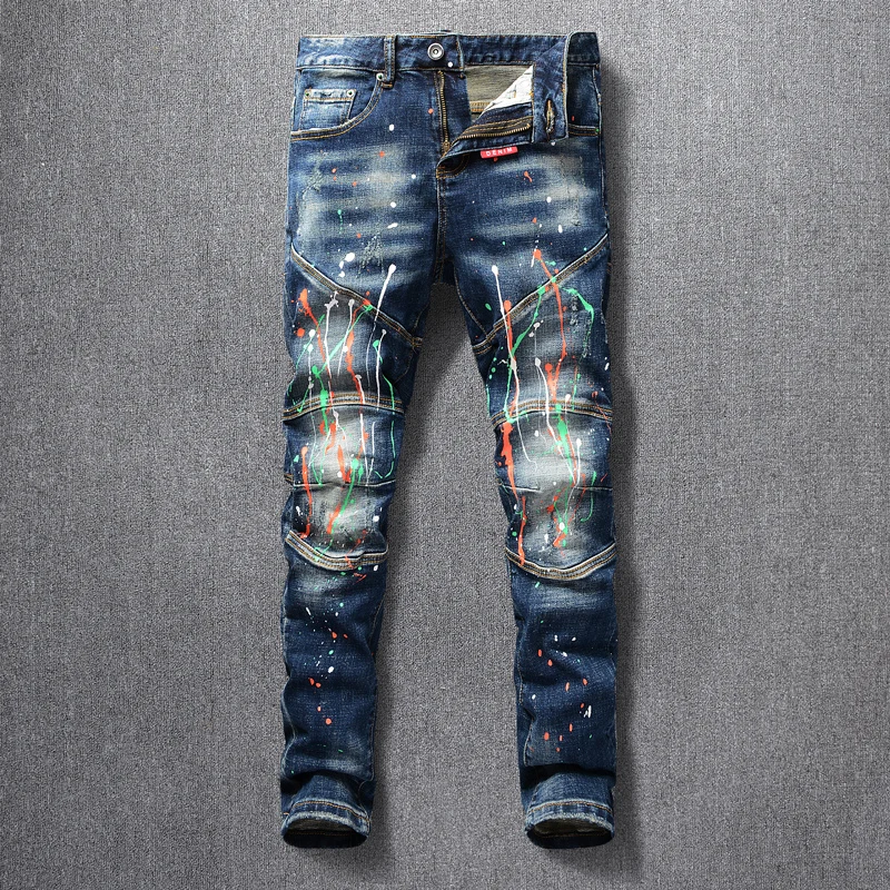 Pantalones vaqueros rasgados para Hombre, Jeans elásticos de estilo Retro, color azul, diseño empalmado, Hip Hop