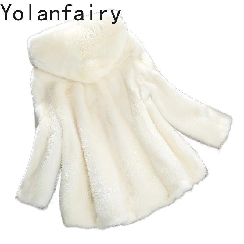 

YOLANFAIRY Real Fur Coat Woman Winter Short Natural Whole Mink Fur Jacket Elegant Hooded White Fur Coats Three Quarter Sleeves