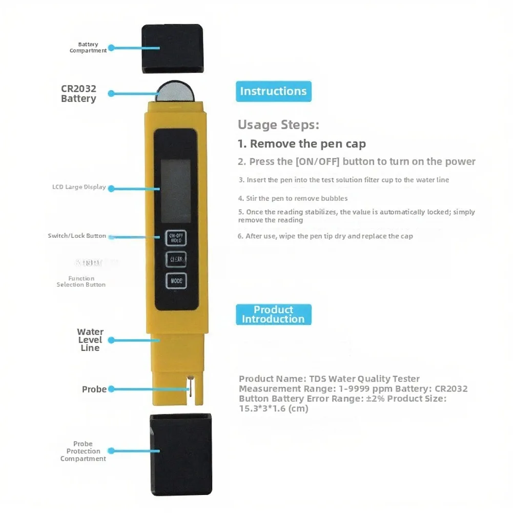 Water Testing Pen Featuring Backlit LCD Screen for Conductivity pH and Temperature Measurements in Various Water Sources