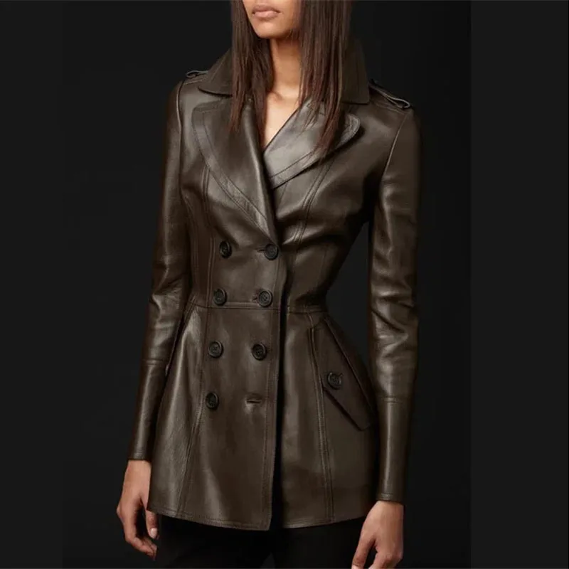 2022 Spring Autumn Chaquetas New Leather Coat Women\'s Mid-Long Leather Trench Coat Fashion Double Breasted Black Leather Jacket