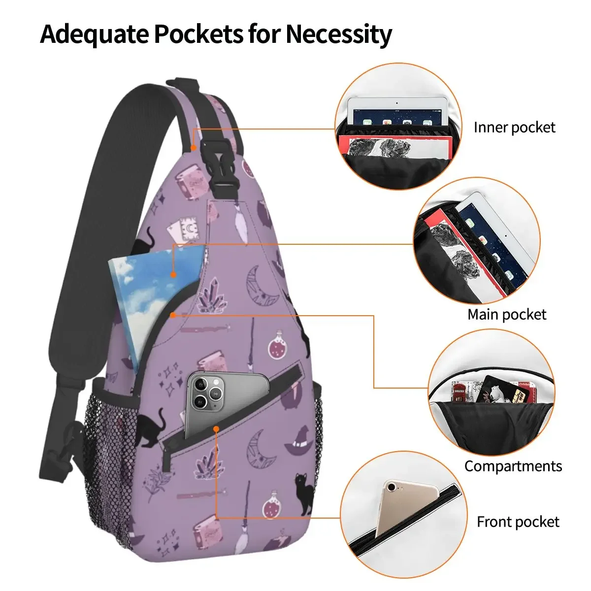 Witch Pack Crossbody Sling Bag Small Chest Bag Anime Cute Cat Shoulder Backpack Daypack for Hiking Travel Cycling Satchel