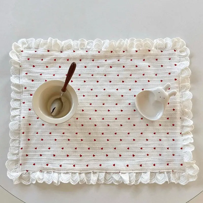Lace Ruffles Placemats Heart Pattern Table Napkins Soft Flounced Cloth Cups Mat For Home Party Wedding Decor