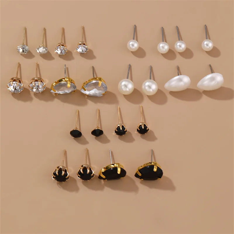 12 Pairs of Simple and Stylish Zircon Pearl Inlaid Women\'s Earring Set, Suitable for Daily Wear, Party Gift Jewelry