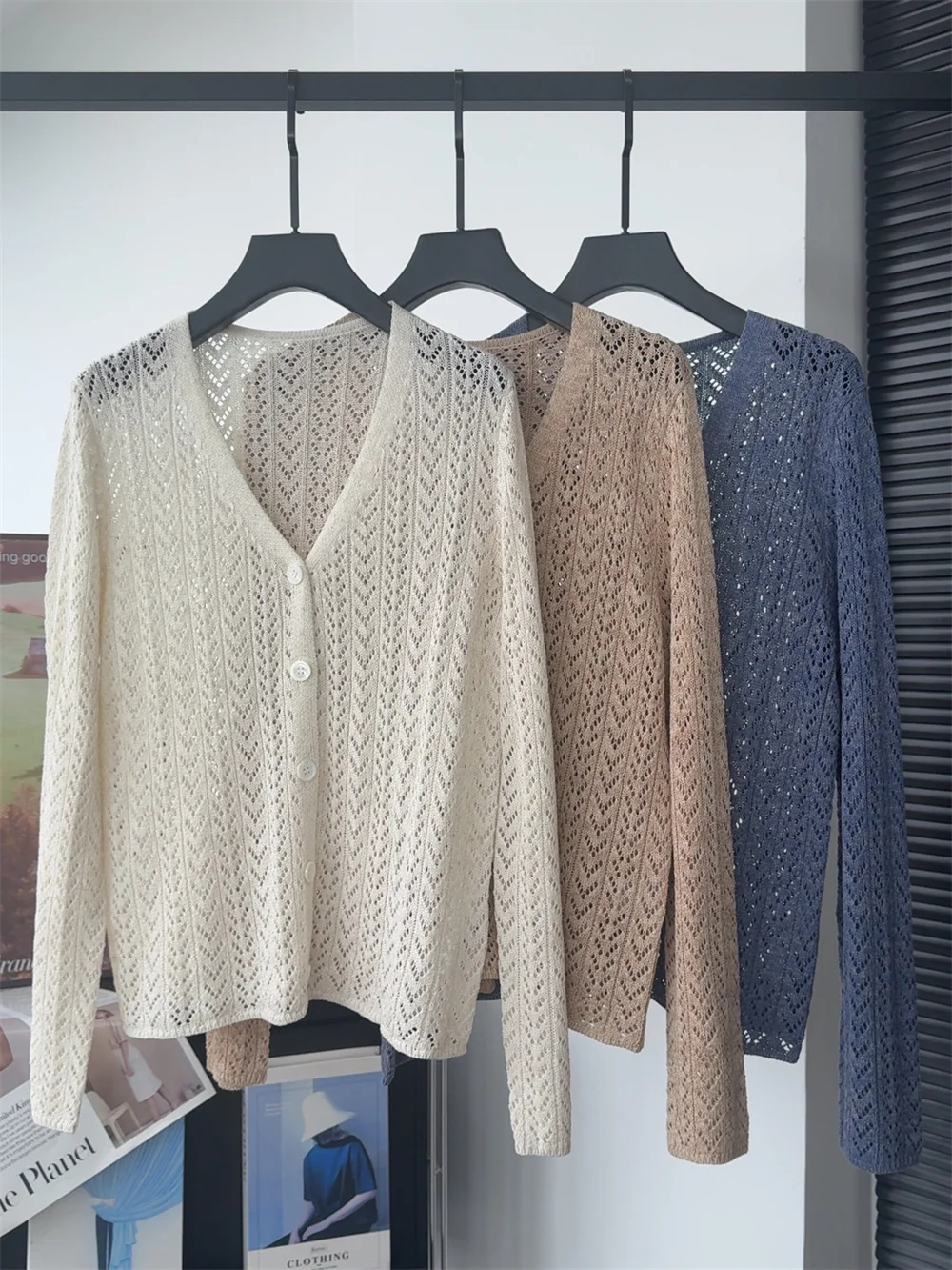 

26 Summer New Linen V-neck Knit Cardigan Hollowed-out Breathable Single-breasted Slimming Long-sleeved Outerwear