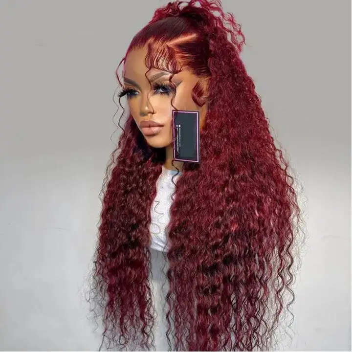 Burgundy wig depan renda keriting panjang 26 inci 99j untuk wanita warna hitam dengan rambut bayi tanpa lem mulus garis rambut alami alami