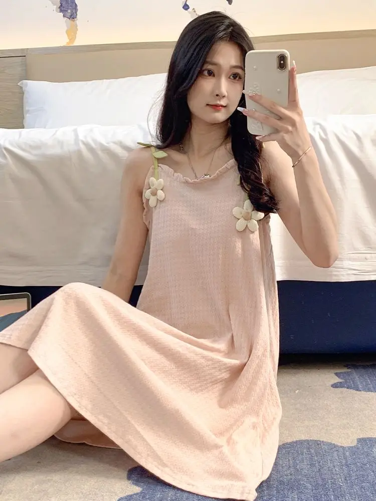 Women Cute Nightgown Pajamas Milk Silk Floral Sleepwear Dress Sweet Spaghetti Strap Nightdress Girls Cozy Home Clothing Dress