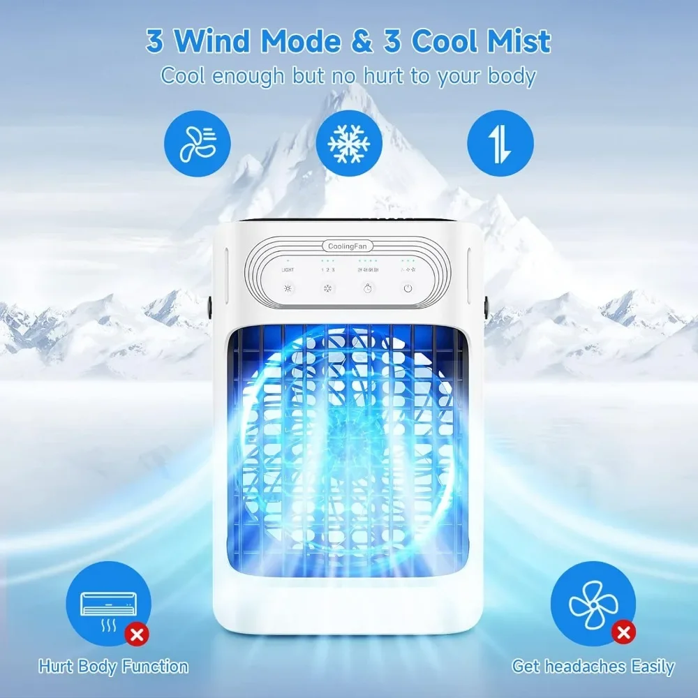 Portable Air Conditioners, Evaporative Air Cooler [10W] 3 in 1, 3 Wind Speed & 7 LED Light, 3 Cool Mist & 2-8H Timer Cold AC