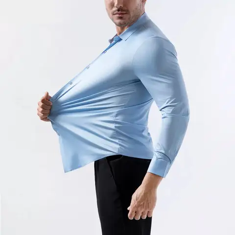 100 KG Non-Iron Four-way stretch Men's Long Sleeve Shirt Silky Foreign Trade Cross-Border Amazon Euro Men's TopS Shirts