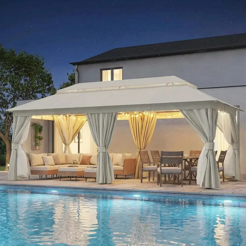 10'x20' Outdoor Patio Gazebo with 100T String Lights, Heavy Duty Party Tent & Shelter with Double Roos, Mosquito Nettings and Pr