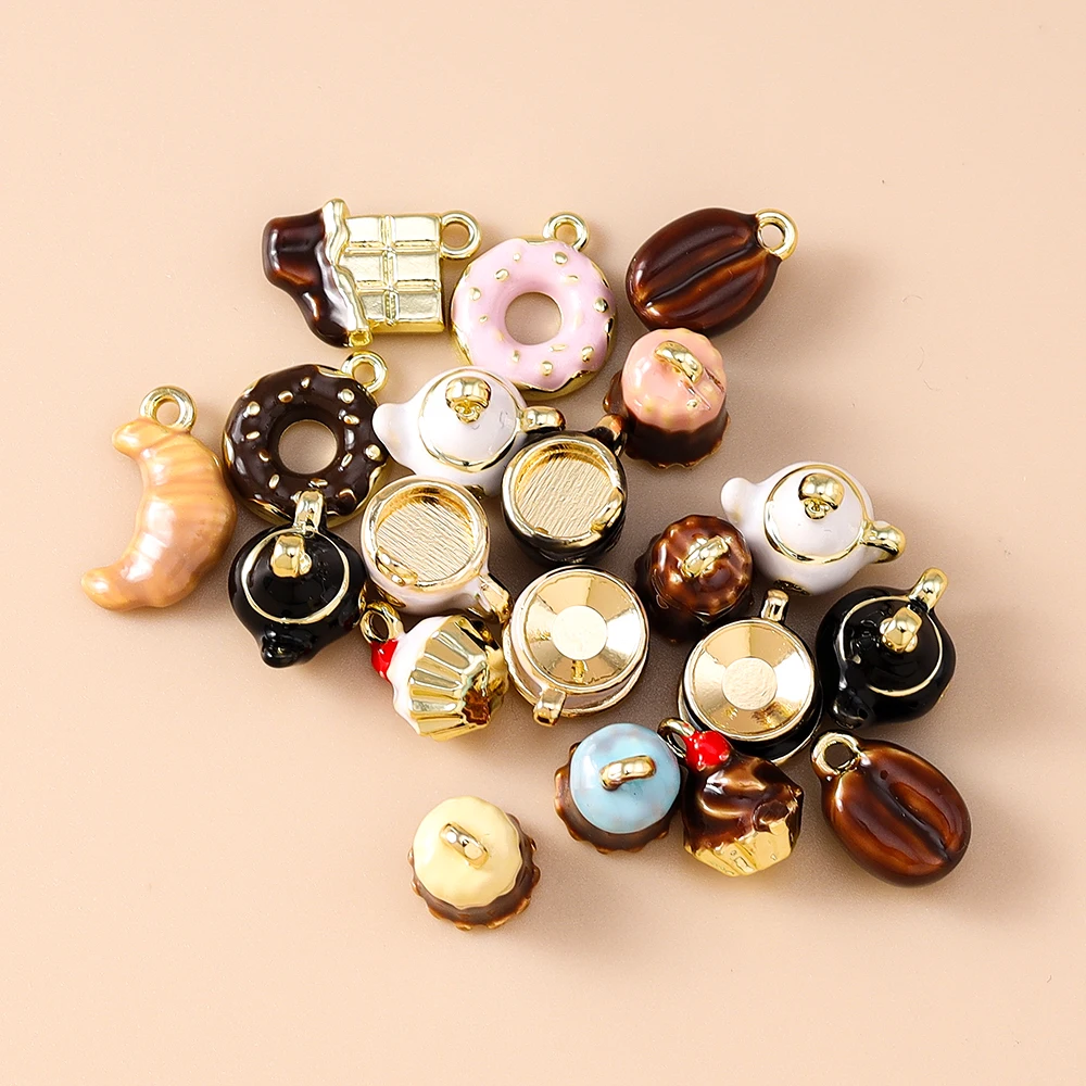 5pcs Cute Mix Food Charms Alloy Cake Coffee Cup Bread Charms Pendants for Jewelry Making Earrings Necklaces DIY Crafts Supplies