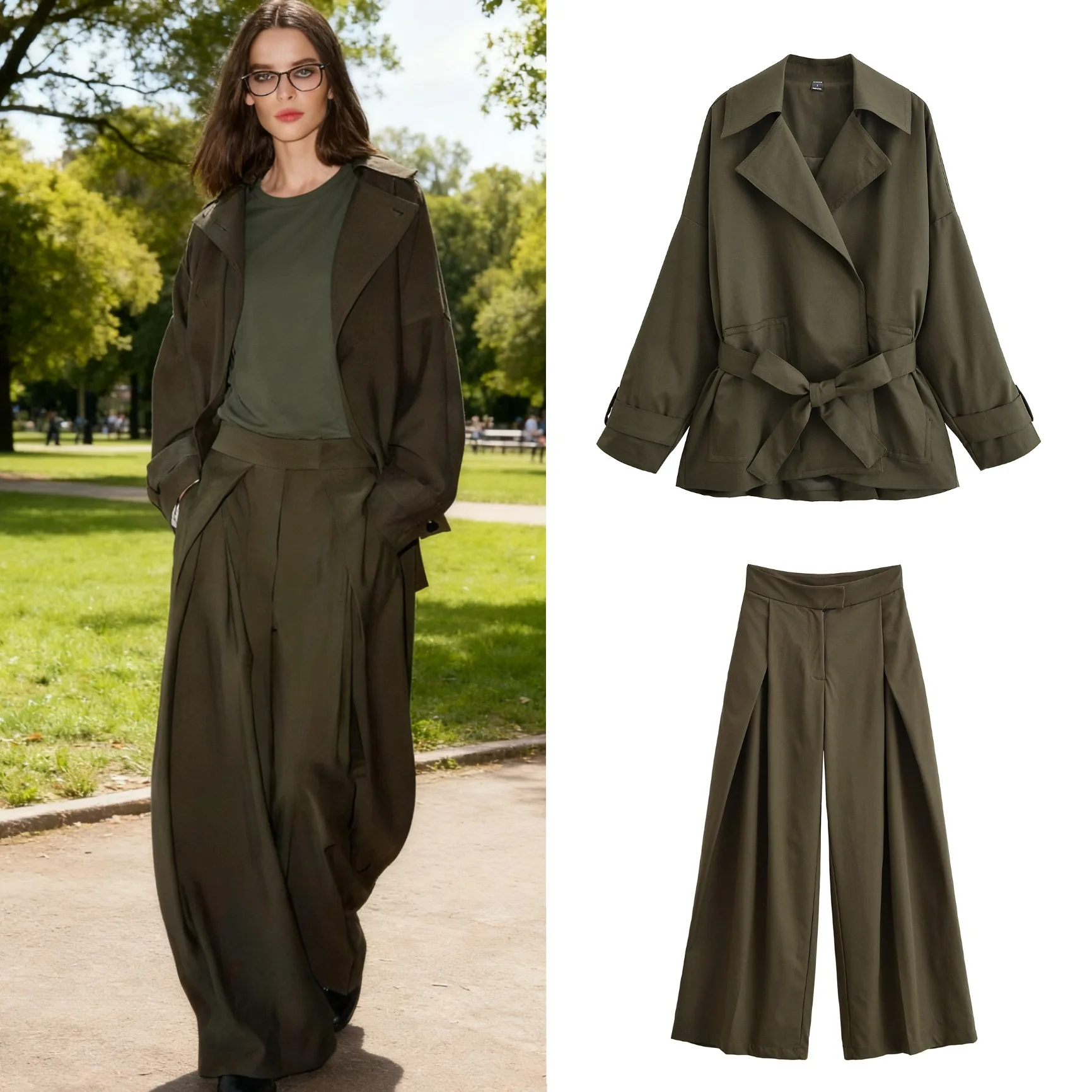 

Spring Autumn New Loose Long Pants Sets For Women Elegant Lace Up Shirt Wide Leg Pant 2 Pieces Sets Lady Chic Holiday Outfits