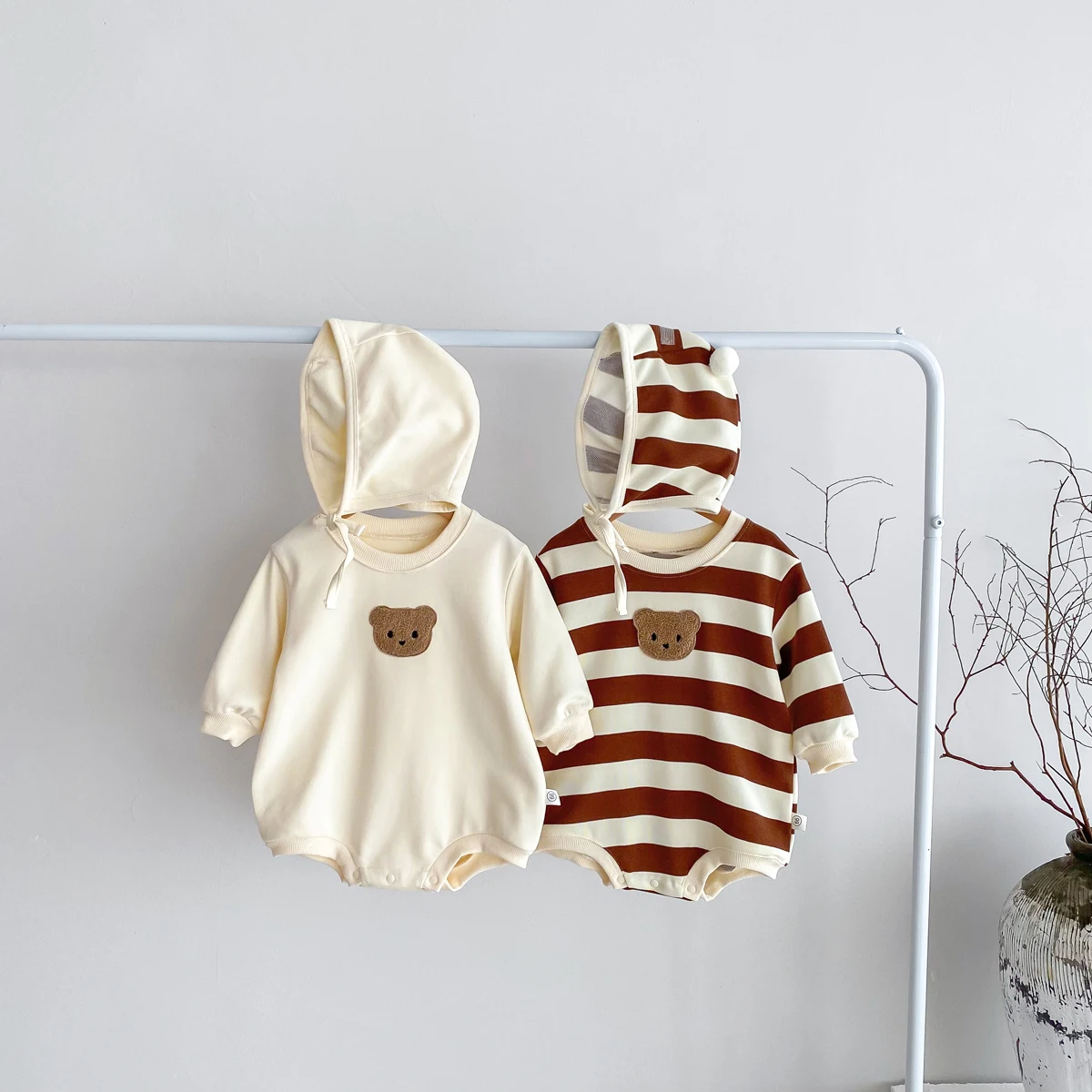 FLM Baby Romper Long Sleeved Bear Pattern + Hat Stripe Toddler Boy Jumpsuit Baby Clothes 0-24M