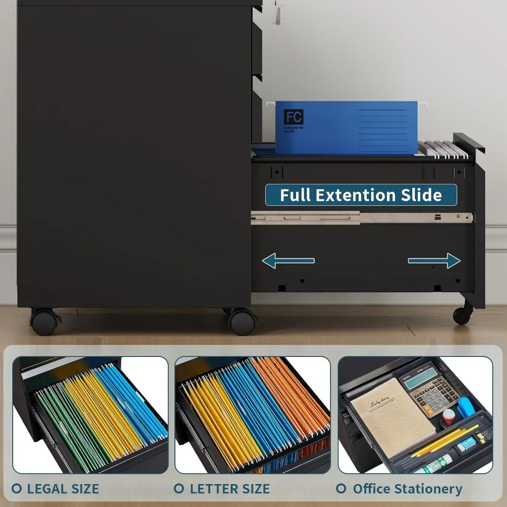 Armario de archivos rodante de Metal con cerradura, 3 cajones sobre ruedas debajo del escritorio, oficina en casa, construcción de Metal resistente