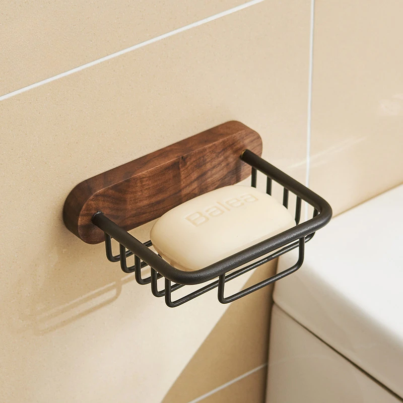 

Walnut soap box Drain free punch shelf soap dish Light Luxury bathroom soap rack wall mounted soap box