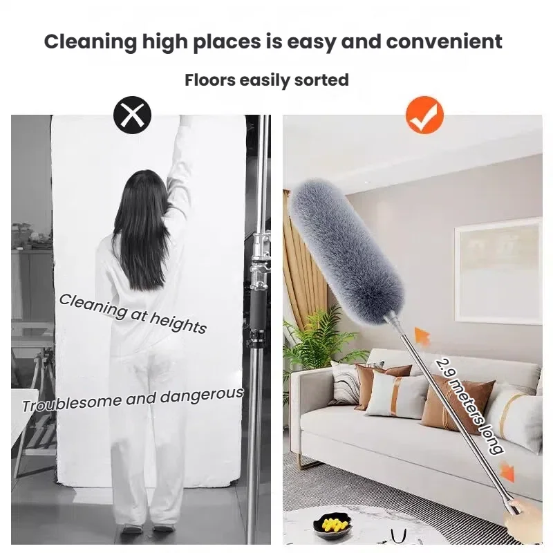 Dust duster with extension pole telescopic and bendable electrostatically adsorbed and lint free reusable and washable ceilin