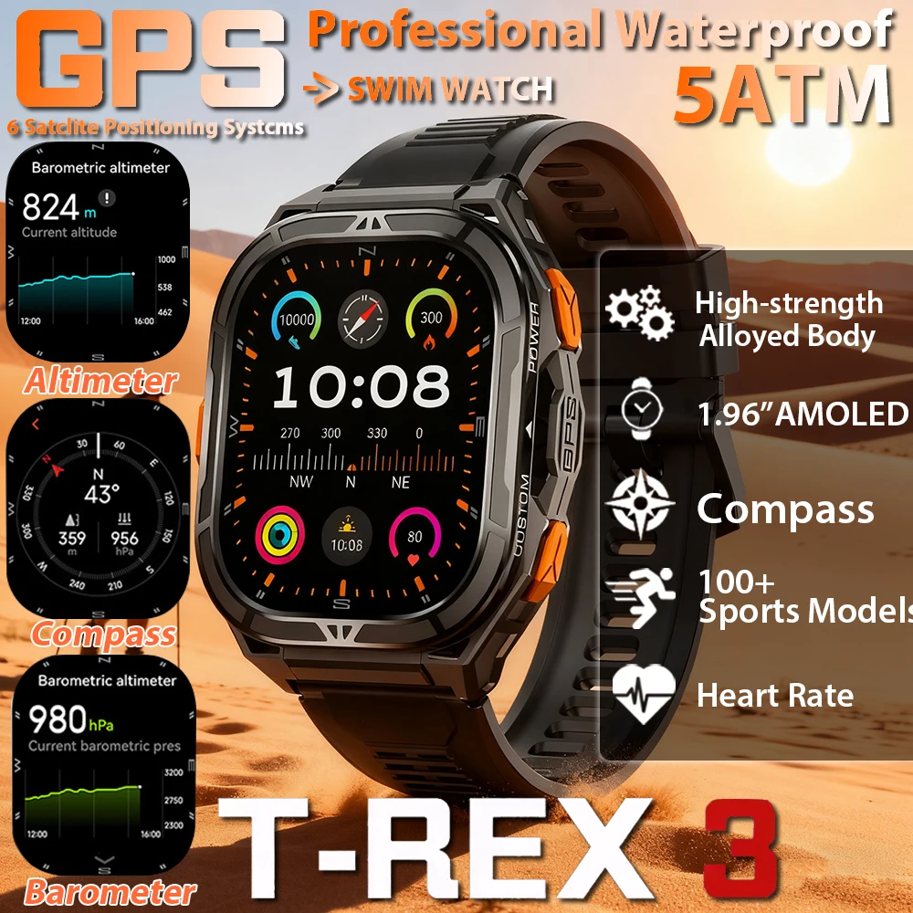 

2026New Military T-Rex3 Ultra GPS SmartWatch Built in GPS Compass Altimeter Barometer 5ATM Waterproof 530mAh Sports Bracelet Me