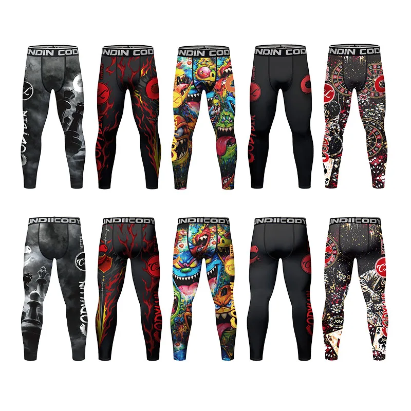 Men Black Red Tribal Totem Print Compression Spats Pants Stretch BJJ Jiu‑Jitsu MMA Grappling Fight Training Gym Leggings Tights