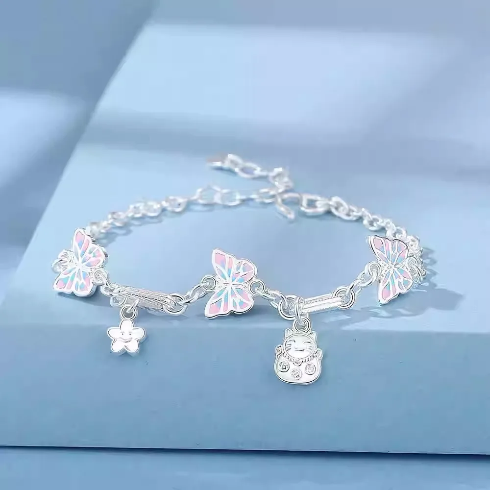 

Pure silver 999 enamel butterfly lucky cat bracelet women's summer niche design