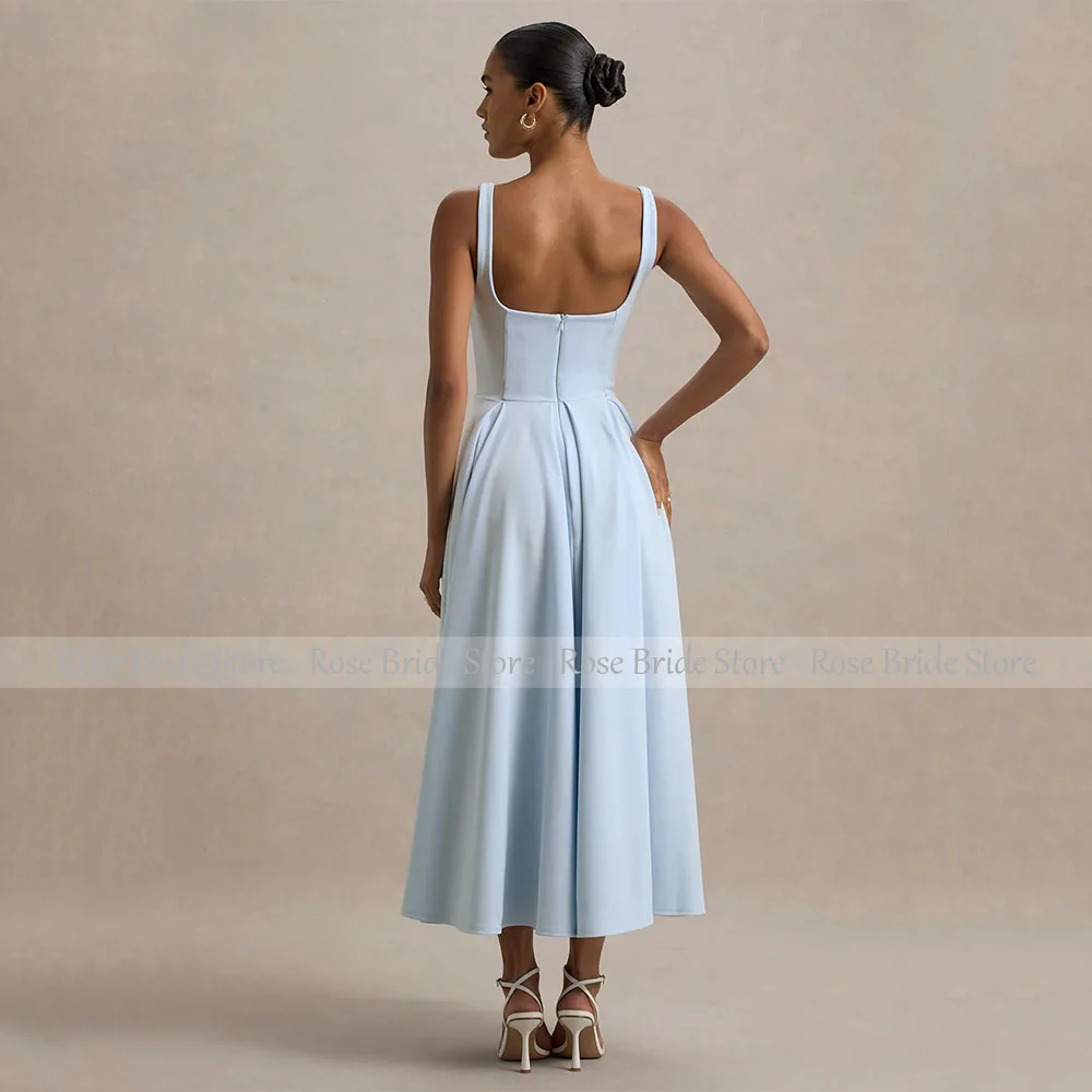 カスタマイズ可能なシンプルなパーティードレス、ライトスカイブルーのタンクトップ、Aライン、ティーレングス、女性用タンクスリーブレスミディカクテルドレス