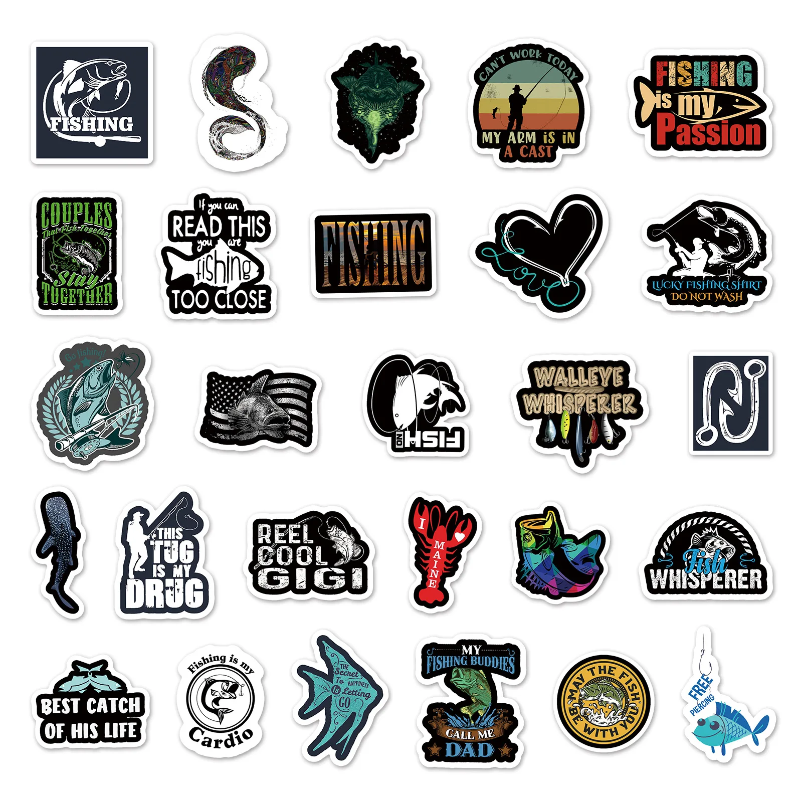 10/30/50PCS Trendy Fish Graffiti Sticker Cross-border Outdoor Fishing Box Sticker DIY Skateboard Water Cup Luggage Sticker Water