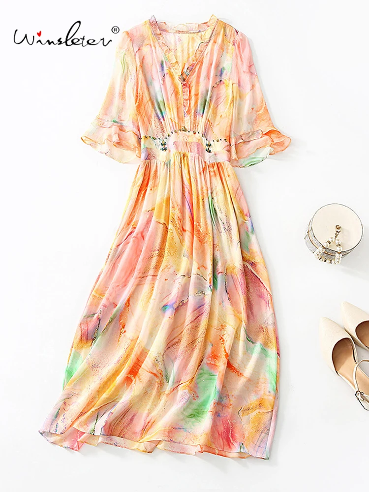 

Winsleter-Women's 100%Real Silk Elegant Dress, Flare Sleeve Diamond Print, Fashion Commute Ruffles Dresses, 2025 Summer D56836CC
