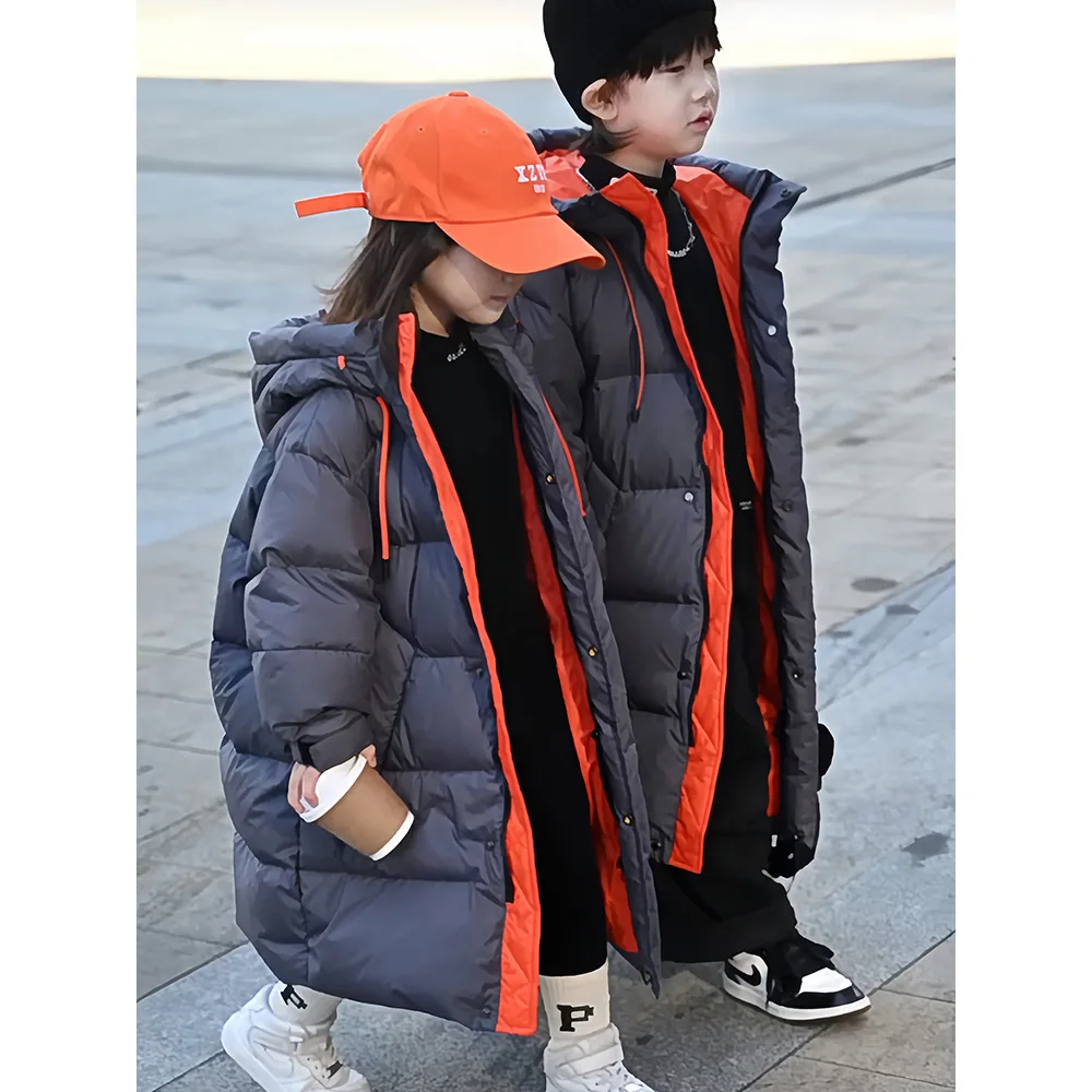 Winter new cotton-padded jacket for boys and girls 2024 winter long down padded jacket over the knee 5 to 14 years old coat