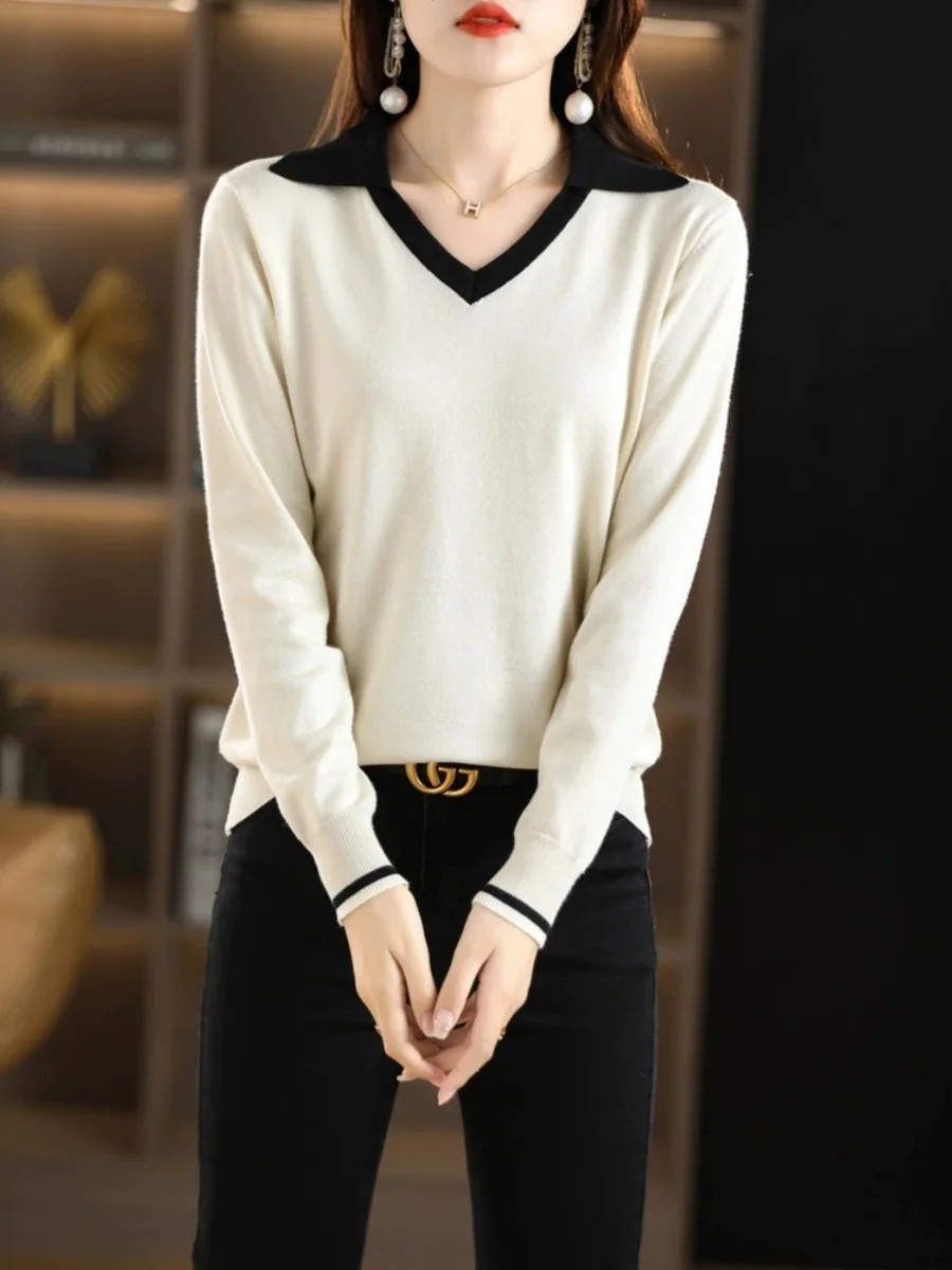 

Early Autumn Long Sve Silk Cotton Knitted Base irt Women's V-ne Overhead Thin Collar Versatile Outerwear Pure Cot...