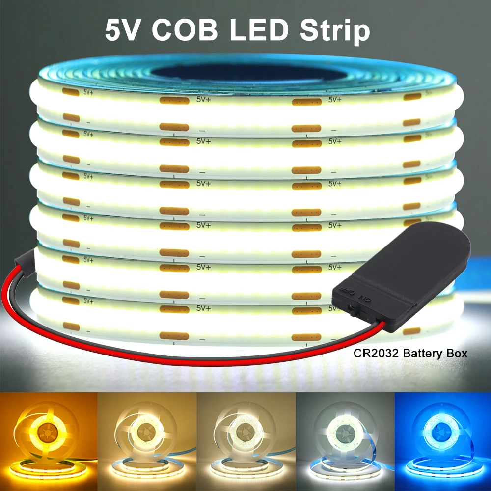 DC5V COB LED Strip 320LEDs/M High Density Flexible LED Tape Room Decor Night Light Battery Powered Ribbon DIY TV Backlight