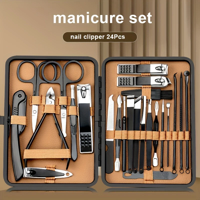 

New 7/16/24PCS Professional Manicure Tool Set Stainless Steel Pedicure Kit Nail Grooming Kit Nail Clippers With PU Leather Case