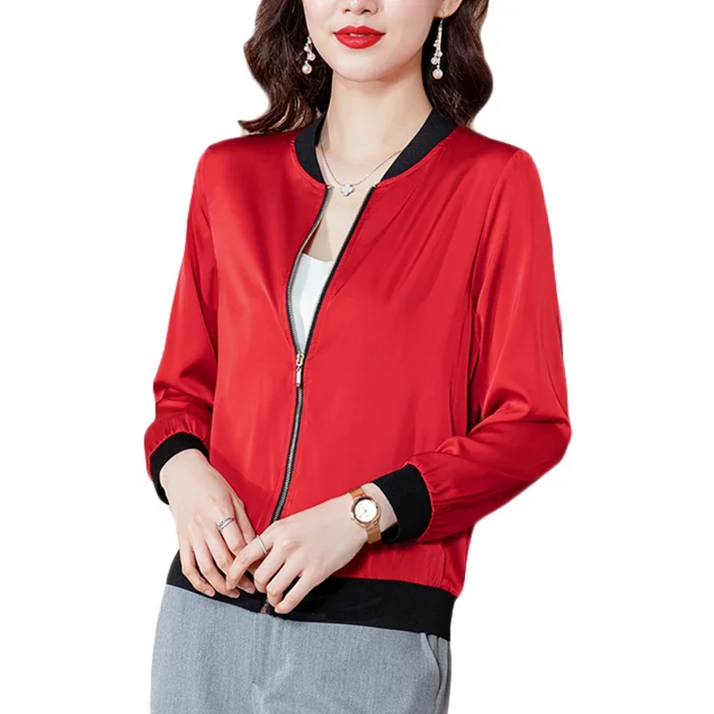 Korean Summer Silk Jacket Women Long Sleeve Solid Bomber Jacket Woman Casual Female Thin Baseball Zipper Red Coat Outwear Z665