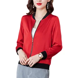 Korean Summer Silk Jacket Women Long Sleeve Solid Bomber Jacket Woman Casual Female Thin Baseball Zipper Red Coat Outwear Z665