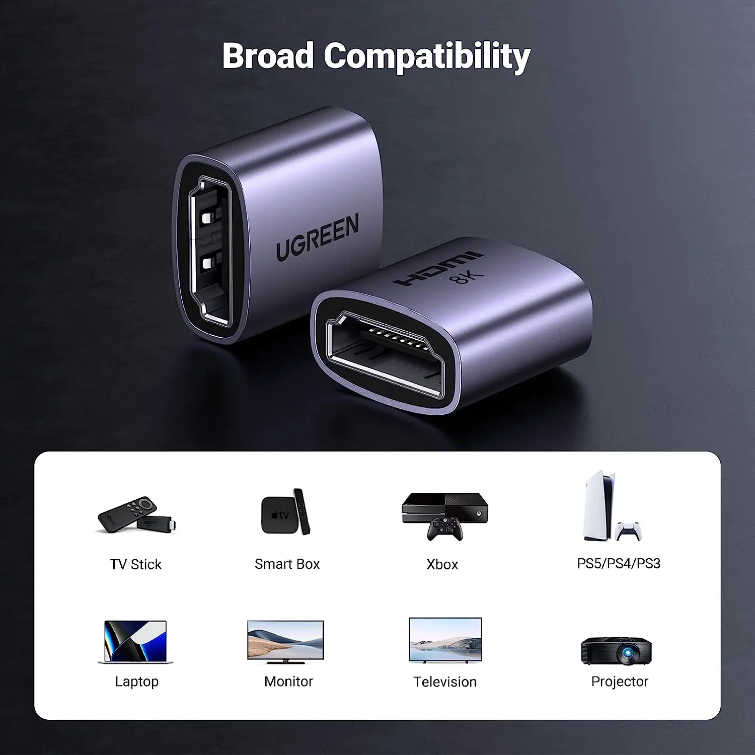 Acoplador UGREEN HD-MI 8K@60Hz HD-MI Adaptador hembra a hembra Conector HD-MI 2.1 Extensor 3D 4K@240Hz