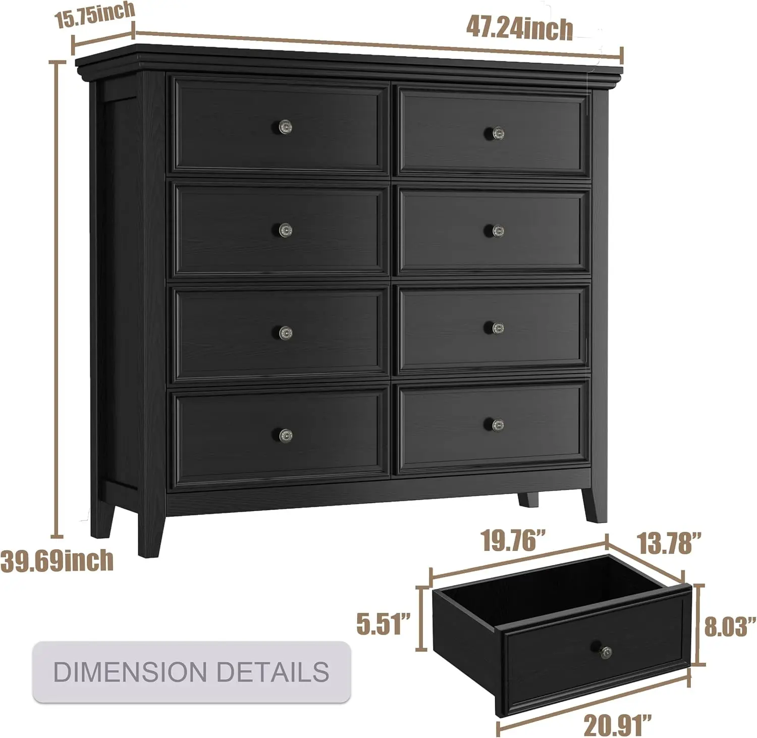 Black Dresser8 Drawers Dresser Tall, Modern 8 Chest of Drawers, Farmhouse Storage Cabinet with Spacious Drawers