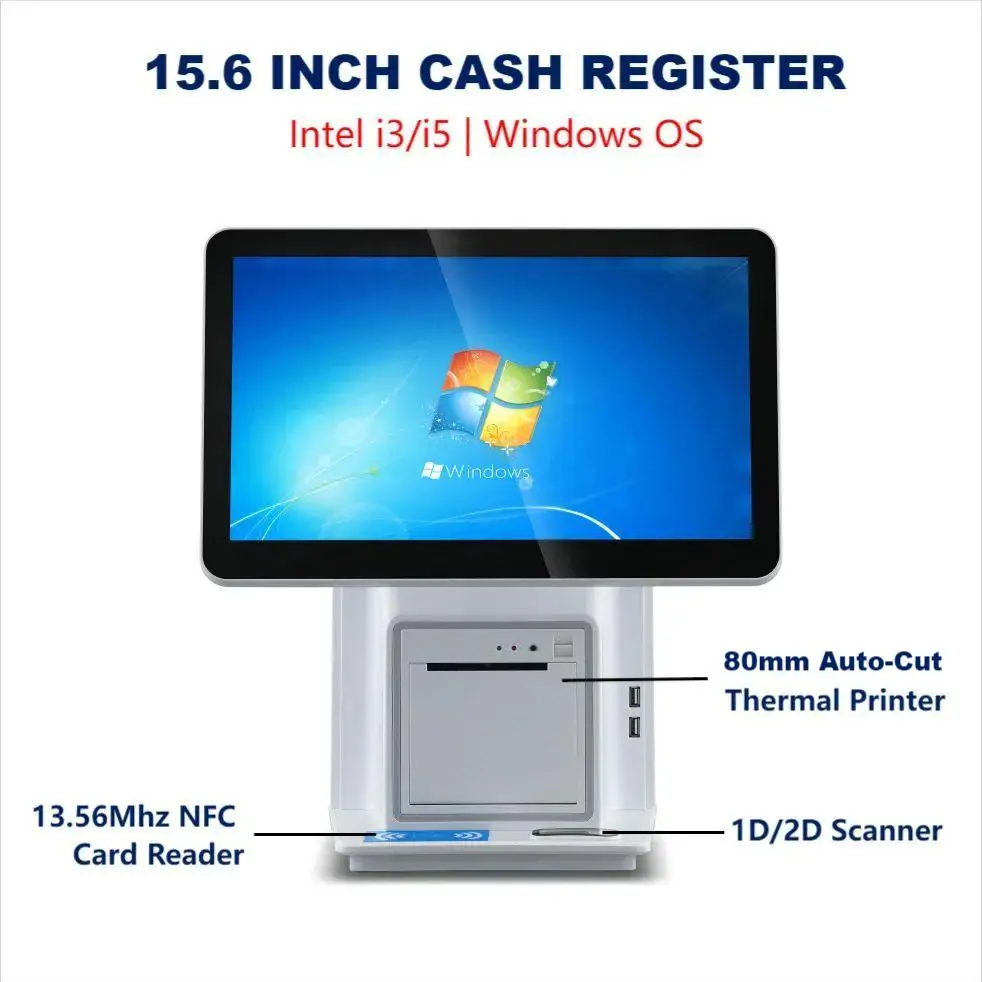 

15.6 Inch Windows POS System Intel Dual Screen Win10 Cash Register With Thermal Printer Restaurant Win 7 ECR Billing Terminal