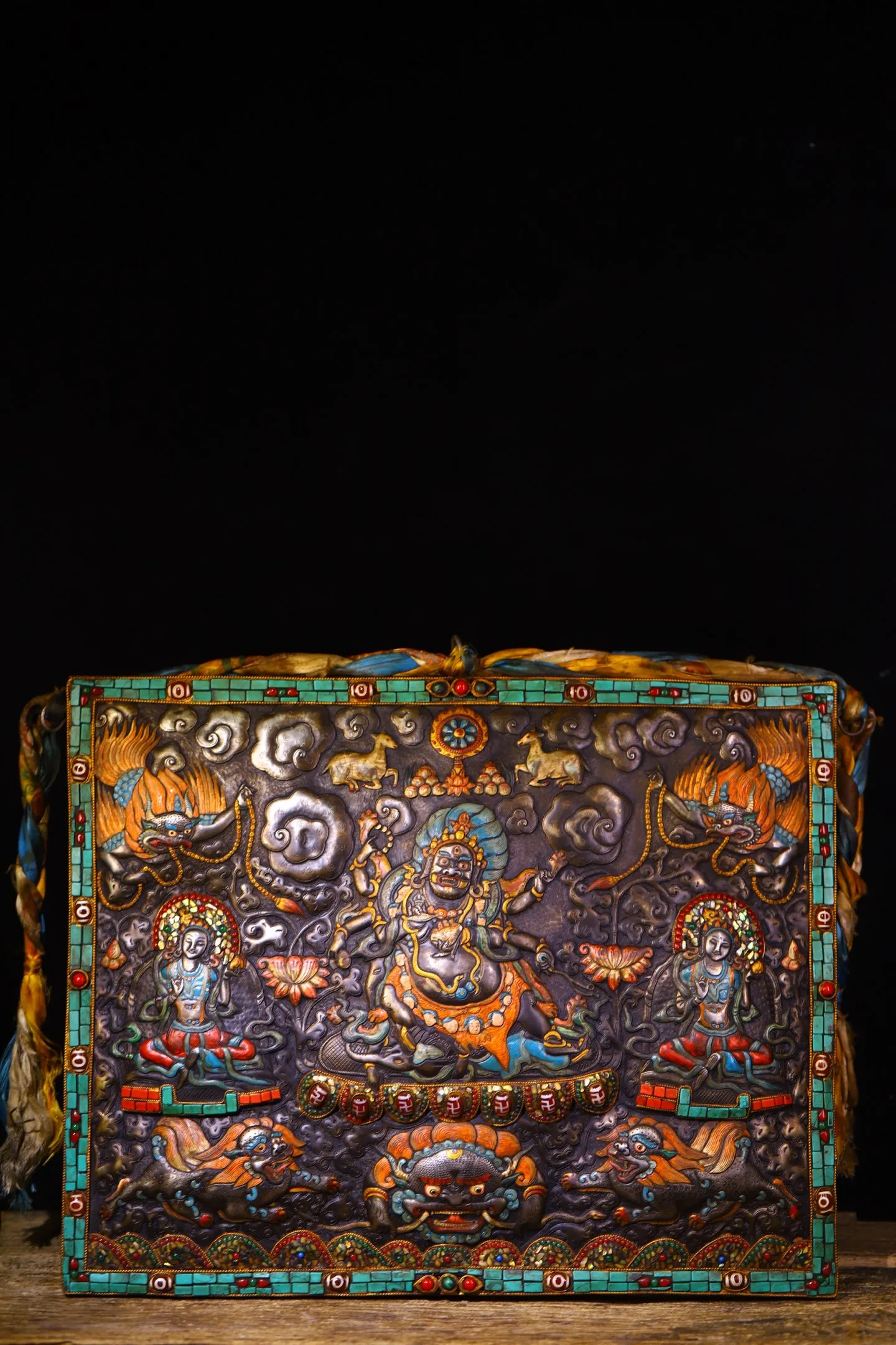 

19"Tibetan Temple Collection Old Tiantie Painted Mosaic Gem gZi Beads Turquoise Six arms Mahakala Thangka Amulet Hanging Panel
