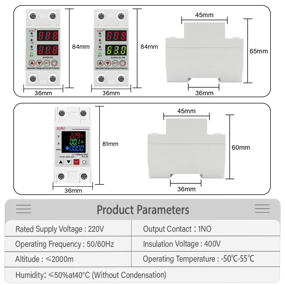 40A 63A 230V Din Rail Adjustable Digital Over Voltage Under Voltage Relay Over Current Protection kWh 220V Energy Meter