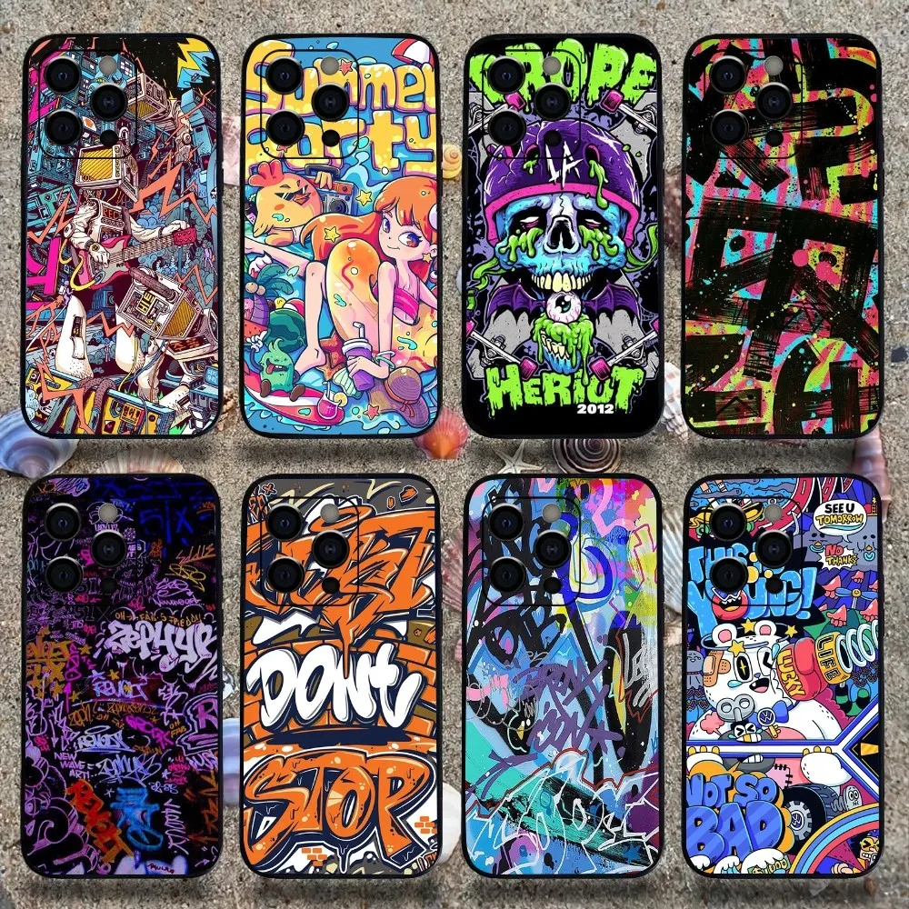 Custodia per telefono con graffiti colorati e fantastici per Apple iPhone 15,14,13,12,11,Pro,X,XS,Max,XR,Plus,Mini Guscio nero morbido