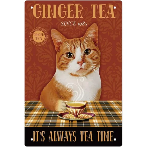 빈티지 생강 차 고양이 금속 다리미 사인 플라크 포스터, 레트로 금속 벽 장식 주석 사인, 홈 바 커피용 11.8 메가 7.9 인치 